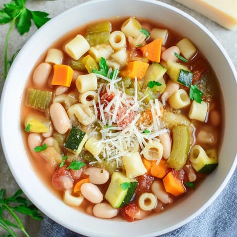 Steaming bowl of homemade minestrone vegetable soup, featuring tender beans, al dente pasta, and fresh garden veggies served in a rustic Italian ceramic bowl.  