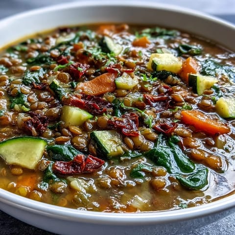A bowl of hearty Lentil and Vegetable Soup, filled with carrots, celery, and wilted spinach in a savory broth.