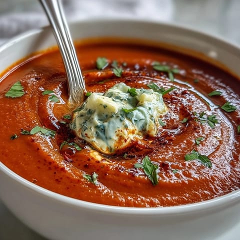 Silky roasted red pepper soup, garnished with herbs and crème fraîche, offers gentle heat from harissa in each spoonful.  
