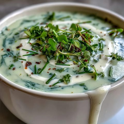 Velvety celery root bisque garnished with fresh chives, served warm in a rustic white bowl for an elegant starter.