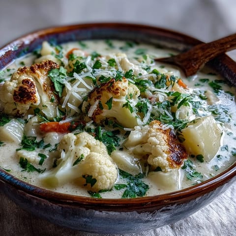 Hearty Vegetarian Cauliflower Chowder served hot in a rustic bowl, steaming with carrots and gentle smoked paprika seasoning.