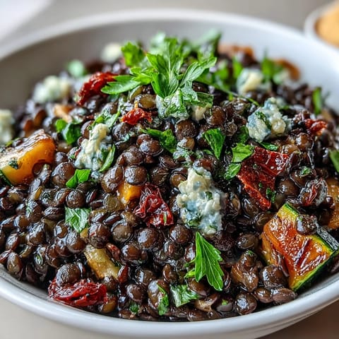 Brightly colored Black Lentil Salad with feta and toasted seeds on a rustic plate.