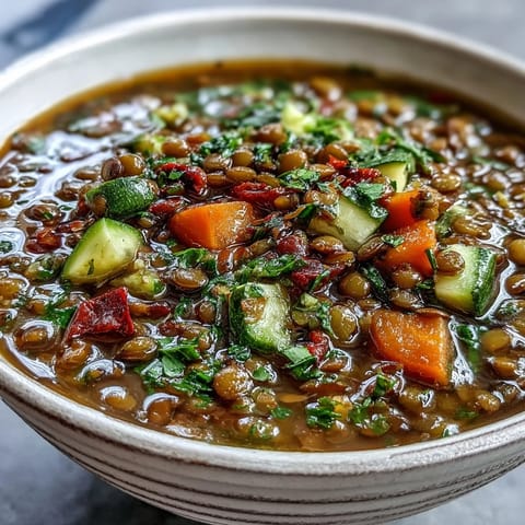Close-up of roasted carrots, celery, and cherry tomatoes simmering in the lentil and vegetable soup, glowing with rich autumn hues.
