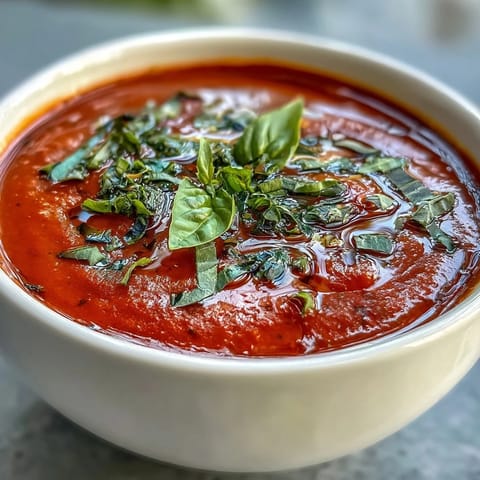 Warm tomato and basil soup served in a rustic bowl, ready for dipping with a slice of crusty bread.  