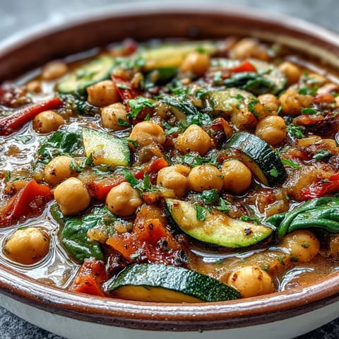 Steam rises from a pot of Chickpea Stew, revealing colorful carrots and red bell peppers in a rich tomato broth.