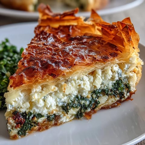 A slice of savory Feta and Kale Börek showing creamy filling with wilted greens and herbs.