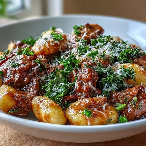 Steam rises from this Sausage Gnocchi with kale, highlighting the rich red sauce and crumbled Italian sausage.