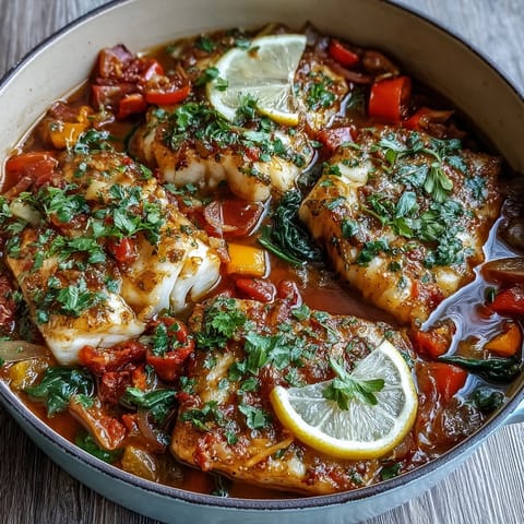 Fragrant Spiced Cod One Pot simmering with red and yellow peppers in a tomato broth, topped with lemon slices.