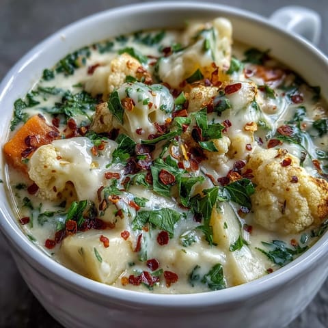Creamy vegetarian cauliflower chowder served with crusty bread and a sprinkle of paprika.