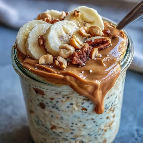 Close-up of creamy High-Protein Peanut Butter Overnight Oats topped with sliced bananas, chopped peanuts, and a honey drizzle. 