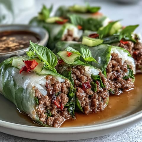 Close-up of Thai Basil Beef Rolls with seared beef, shredded carrots, and cucumbers wrapped in soft rice paper.