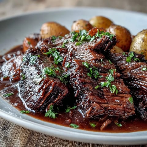 Sliced beef pot roast plated with roasted vegetables and fresh parsley garnish, perfect for a hearty family meal.