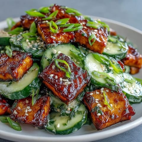 Golden, ultra-crispy tofu cubes rest on a bed of Creamy Asian Cucumber Salad with vibrant carrots and green onions.