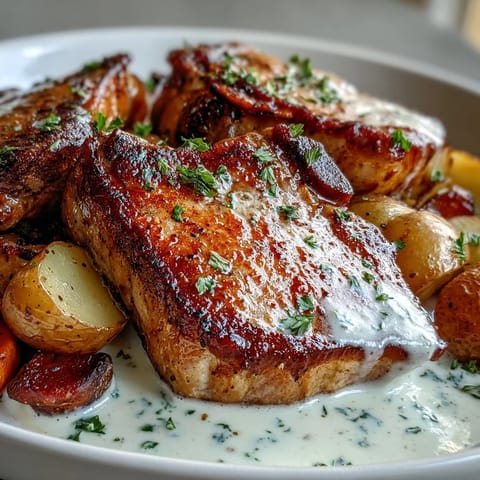 Golden-seared pork chops, potatoes, and carrots slow-cooked in creamy ranch sauce served in a bowl.