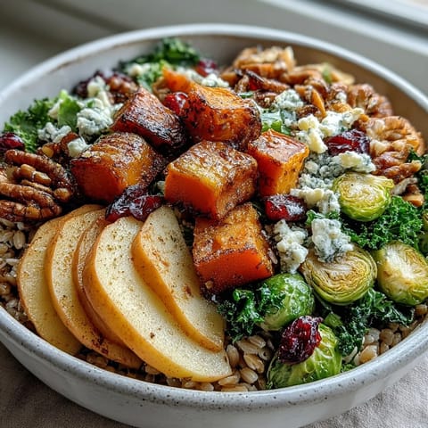 A nourishing fall vegetable bowl features vibrant roasted vegetables, tender grains, and a sprinkle of pumpkin seeds and cranberries for a cozy meal.