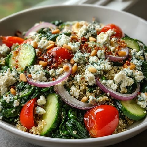 A vibrant Spinach and Feta Grain Bowl with quinoa, sautéed spinach, and creamy crumbled feta cheese, topped with fresh vegetables.