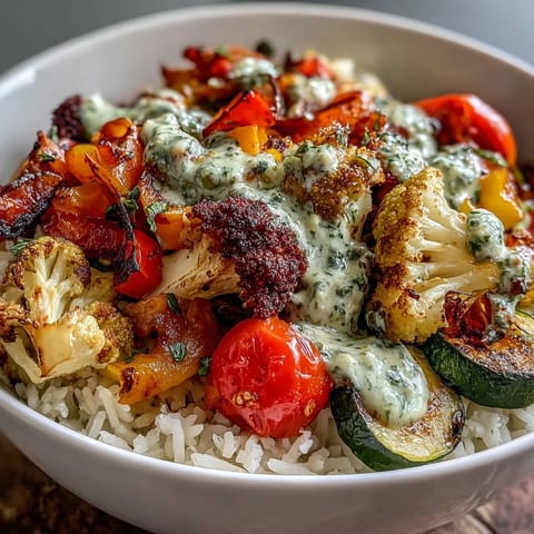 Fluffy brown rice topped with colorful roasted vegetables and a vibrant green herb sauce in a glass bowl.