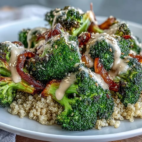 Close-up of a Roasted Broccoli Bowl, garnished with sliced avocado, toasted sesame seeds, and fresh parsley.
