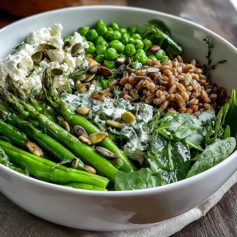 Close-up of the Spring Green Bowl, highlighting glistening blanched vegetables and fresh herbs on a bed of fluffy grains.