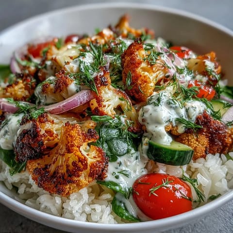 Vibrant Roasted Cauliflower Bowl with spinach, shredded carrots, and red onion drizzled in creamy tahini sauce.  