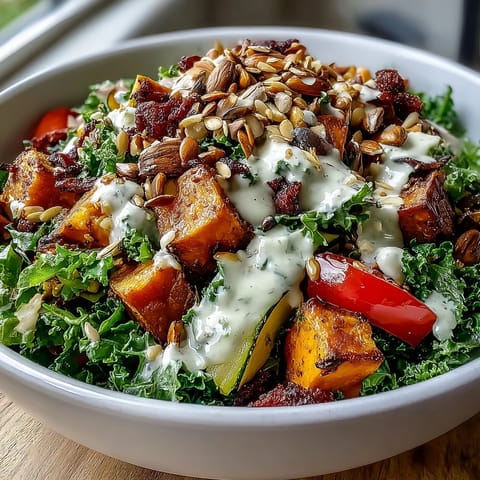 Enjoy this hearty Kale Salad Bowl with golden roasted sweet potato, zucchini, and pumpkin seeds tossed in tangy tahini.  