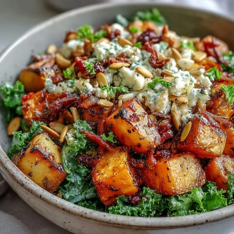 A close-up of a Winter Root Vegetable Bowl with roasted carrots, parsnips, and beets over kale, topped with pepitas and feta.