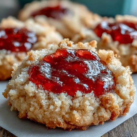 Freshly baked Guava Jam Thumbprint Cookies cooling on a wire rack, showcasing golden edges and a vibrant, glossy guava filling.