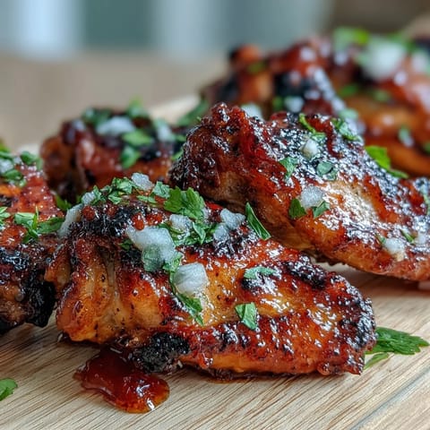 Crisp Guava BBQ Glazed Chicken Wings tossed with fresh cilantro and green onions on a platter.