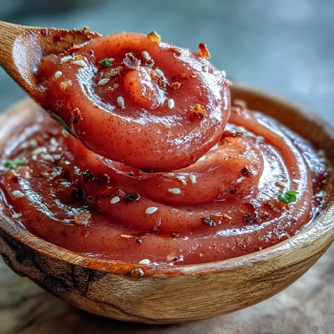 Steaming homemade Guava BBQ Sauce in a small saucepan, simmering tangy guava paste with smoky spices and aromatic onion and garlic.