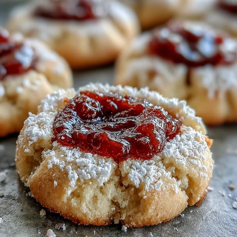 Golden thumbprint cookies with buttery texture and tangy guava jam, served on a rustic wooden table.