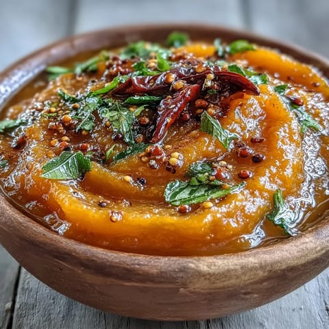 Thick Guava Chutney with golden tempering and fresh coconut is spooned from a blender into a white bowl.