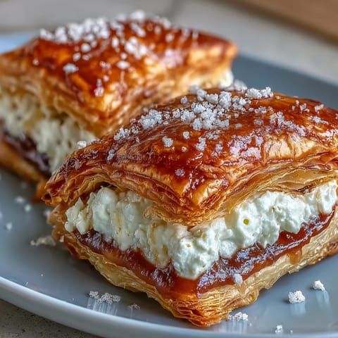 Golden, flaky Guava and Cream Cheese Pastelitos on a plate, showing pink filling and sugar crust. 