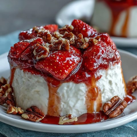 A vibrant bowl of creamy Greek yogurt topped with glossy fresh strawberry compote and crunchy nuts.