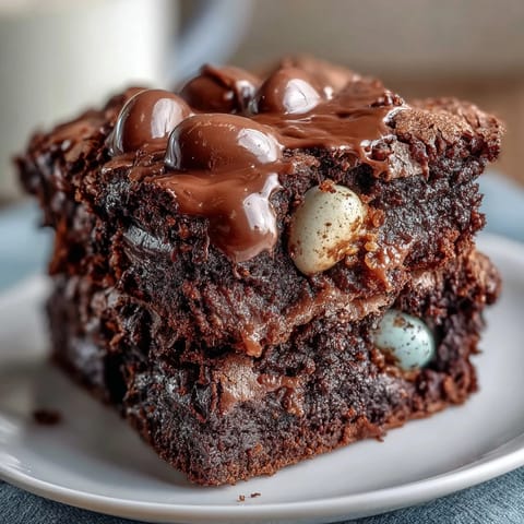 Decadent Cadbury Egg Chocolate Brownies with Crumbled Top, rich and fudgy with colorful candy egg bits.