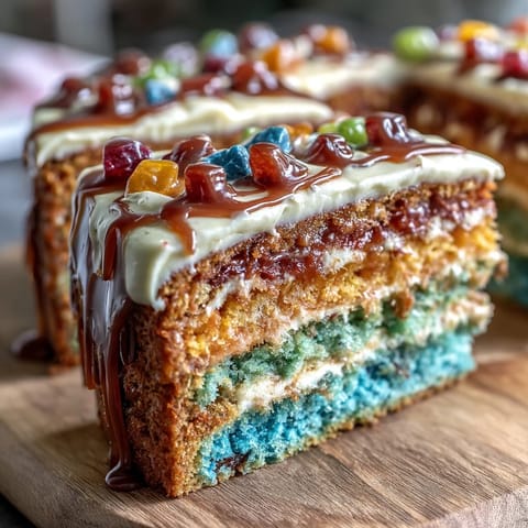 Vibrant rainbow cake layers reveal a hidden candy-filled center when sliced, making this Cinco de Mayo Piñata Cake a party showstopper.  