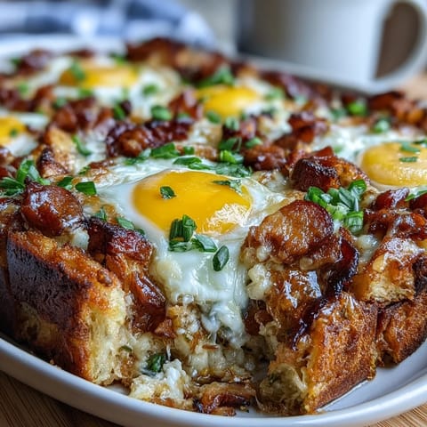 Hearty overnight Amish breakfast casserole with sausage, eggs, and cheese, ready to bake for a crowd-pleasing morning meal.