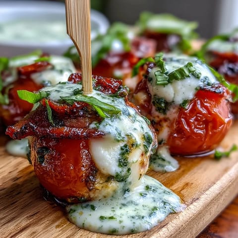 Fresh Caprese skewers with juicy cherry tomatoes, creamy mozzarella, and basil, drizzled with vibrant homemade pesto for a perfect appetizer.