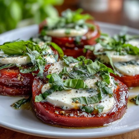 Vibrant Caprese salad with basil oil drizzle, showcasing ripe tomato and mozzarella slices layered with fresh basil leaves.