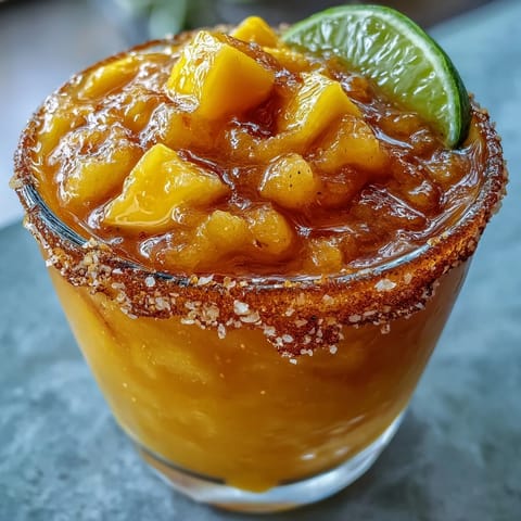 Vibrant frozen mango margarita mocktail in a salt-rimmed glass with lime wedge and mango slice garnish.