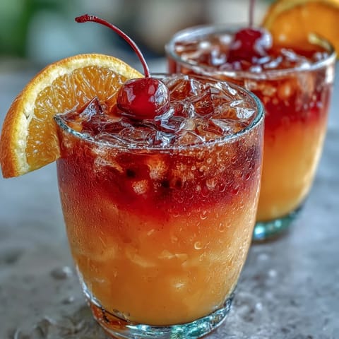 Ombre Sunrise Mocktail with Grenadine, a vibrant layered drink with citrus and grenadine, served over ice with orange and cherry garnish.