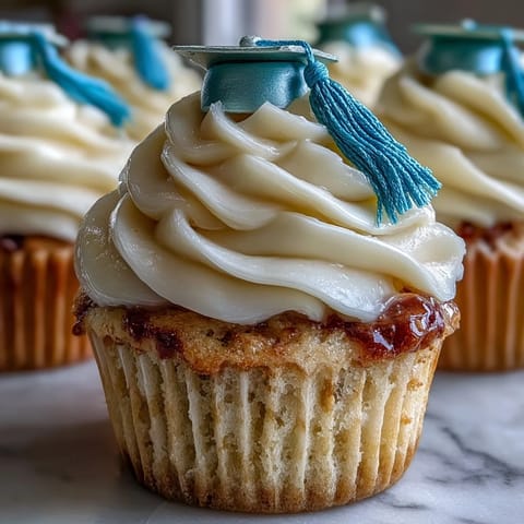 Simple Graduation Cupcakes with Cap Fondant Toppers: Moist vanilla cupcakes topped with creamy buttercream and cute black fondant graduation caps, perfect for celebrating academic milestones.