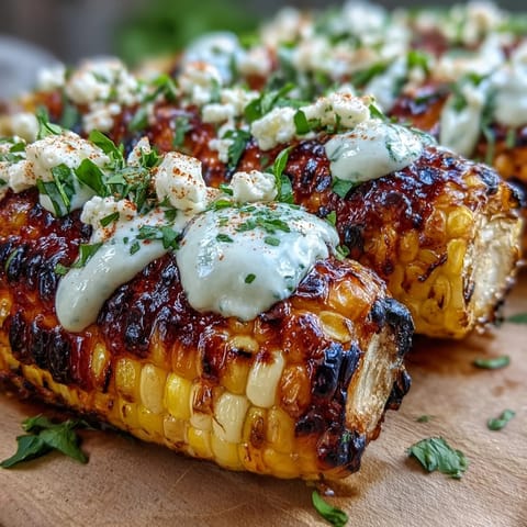 Grilled corn on the cob topped with creamy elote sauce, Cotija cheese, and chili powder for a vibrant Mexican street food treat.