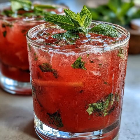 Refreshing watermelon mint lemonade in a glass with ice, garnished with mint leaves and lemon slices, perfect for summer.