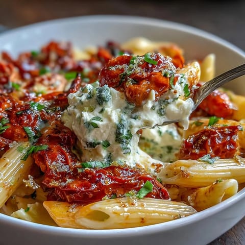 Creamy baked feta pasta with roasted cherry tomatoes and fresh basil, perfect for a quick vegetarian dinner.