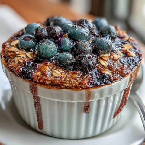 Warm blueberry baked oats with a golden top, perfect for a cozy morning.