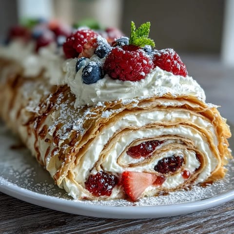 Beautiful Crepe Roll Cake with fresh berries and creamy filling.