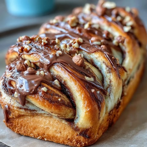 Swirled Nutella babka loaf, showcasing rich chocolate hazelnut filling and a golden, twisted crust.