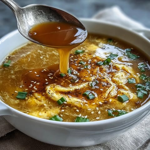 Steaming bowl of homemade egg drop soup, ribbons of egg floating in savory broth.