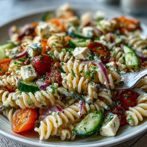 Memorial Day Pasta Salad with Italian Dressing and Veggies, vibrant and colorful, tossed with fresh vegetables and zesty Italian dressing.  