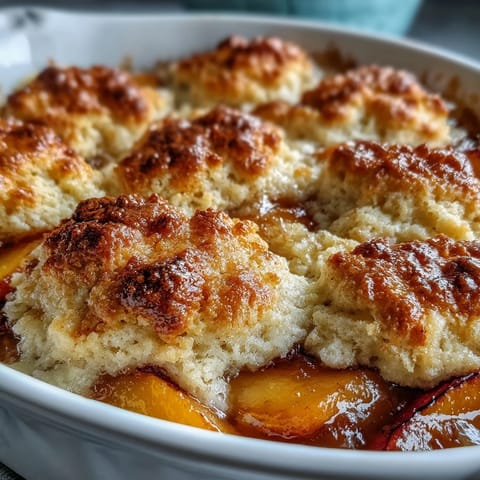 Juicy peaches peeking through tender, golden brown biscuit topping, ready to serve.
